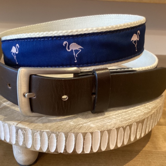 Navy Blue Fabric w/pink flamingos on Off-white woven Belt Sz L - Picture 2 of 7